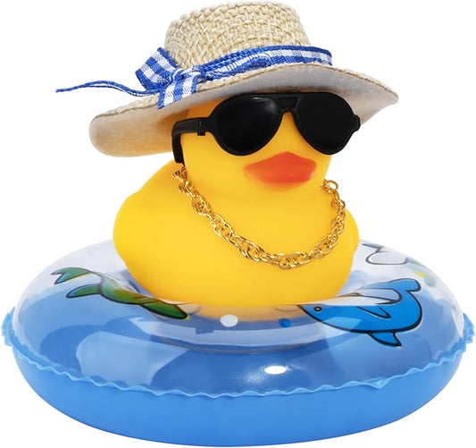 wonuu Car Rubber Duck, Yellow Duck Decoration Dashboard with Sun Hat Swim Ring Necklace Sunglasses for Car Dashboard Decorations
