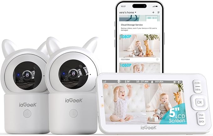 ieGeek Baby Monitor with Camera and Audio, 5" Split Screen HD Video Monitor - Secure WiFi Baby Camera with Night Vision, 2-Way Talk, Motion Detection, Temperature&Humidity Sensor, Privacy Protection