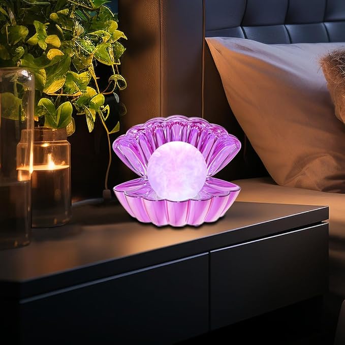 Shell Pearl Beach Themed Night Light, RGB 8 Colors Changing Mood Shell Pearl Lamps, Bedside LED Clamshell Portable Night Lights for Bar (Electroplating Purple)