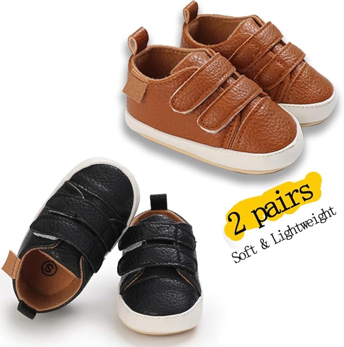 2Pairs Baby Shoes,Boys Girls Non-Slip Rubber Sole Sneakers,Unisex Infant Soft Lightweight First Walking Crib Shoes