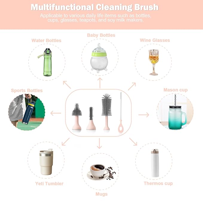 Electric Baby Bottle Brush Set with Rechargeable Electric Bottle Brush Cleaner and Replaceable Silicone Bottle Brushes and Straw Brush Cleaner, Waterproof Multi-Purpose Cleaning Brush(Pink)