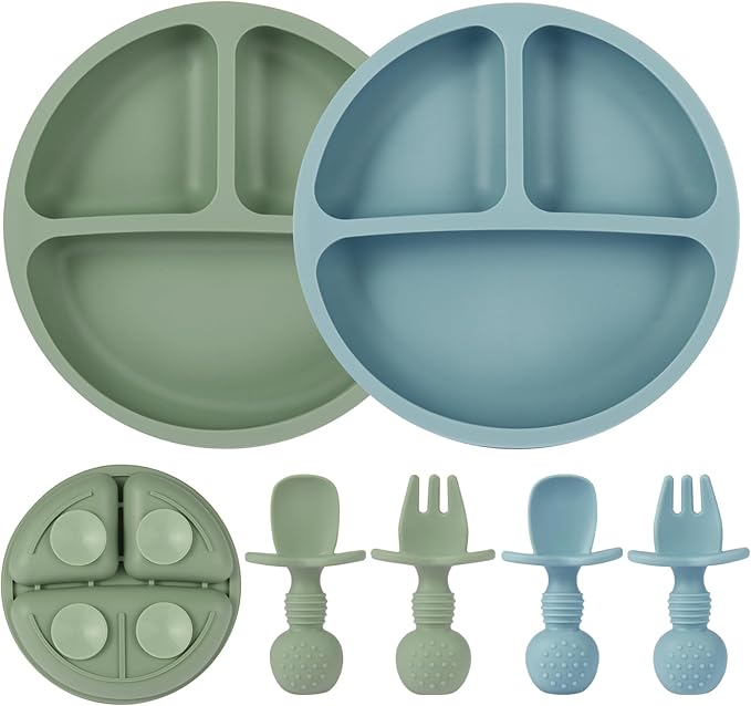 2 Pack Baby Plates with Suction, 2 Pack Silicone Forks and Spoons Set, Baby Led Weaning Supplies, BPA Free, Toddler Utensils for Feeding Essentials