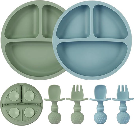 2 Pack Baby Plates with Suction, 2 Pack Silicone Forks and Spoons Set, Baby Led Weaning Supplies, BPA Free, Toddler Utensils for Feeding Essentials