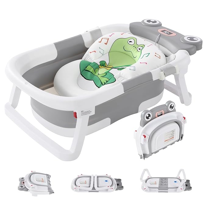 Foldable Baby Bathtub with Cushion & Water Thermometer and Drain Hole, Portable Durable Foldable Baby Bath Tub for Newborn Infants 0-36 Months (Grey)