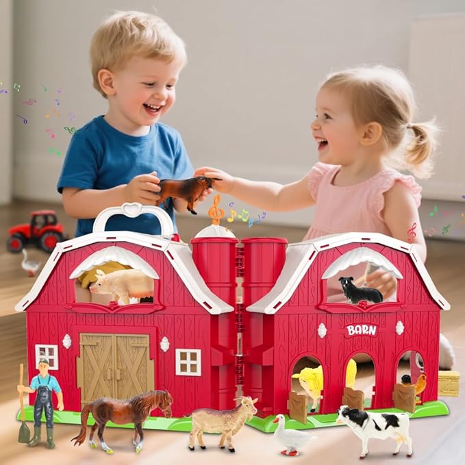 Big Red Barn Toys for Toddlers 1-3, Farm Animal Figures Playset with Tractor for 2 3 4 5 Year Old Kids, Musical Preschool Montessori STEM Learning Toys, Christmas Birthday Easter Gift for Boys Girls