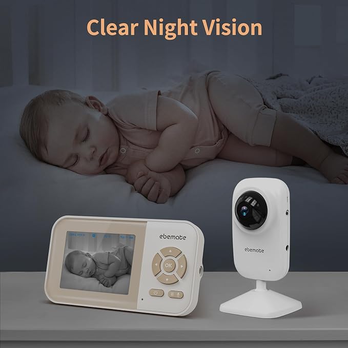 ebemate Video Baby Monitor Camera with 2 Camera,2.8" LCD Screen Video & Audio No Glow Night Vision,2-Way Talk Audio Cam Baby Monitoring 1200FT Range EBE28-2