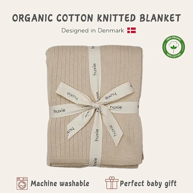Knitted Organic Cotton Baby Blanket- Swaddle Blanket, 30" x 40" Soft Receiving Blanket for Newborn (Ribbed - Fog)