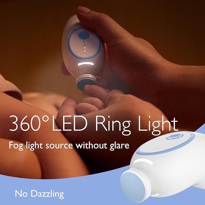 Momcozy Baby Nail File Electric, Rechargeable Baby Nail Clipper, Gentle Baby Nail Trimmer Electric with Night Light, 7 Grinding Head Replacement Pads, Blue