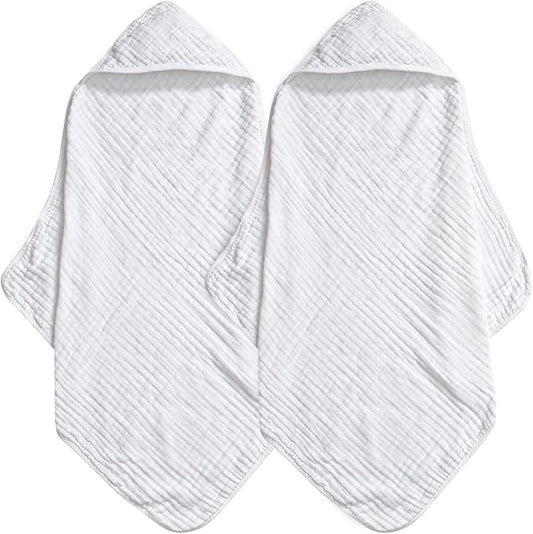 david's kids 2 Pack Hooded Baby Towels, 100% Muslin Cotton 6-Layer Ultra Soft Breathable Absorbent Baby Bath Towels for Infant and Toddler, Newborn Essentials, Large 32x32Inch, White