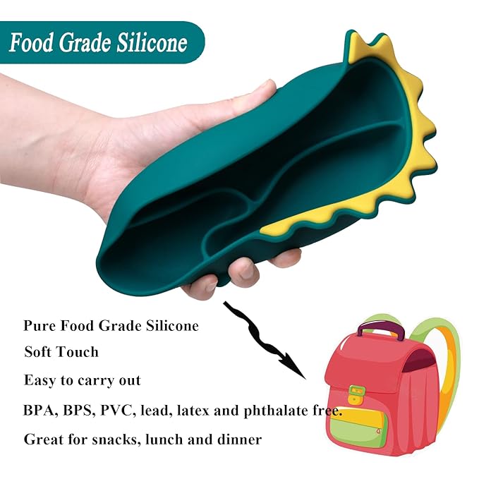 Suction Plates for Baby,Silicone Toddler Plates with Spoon Fork set Divided Dinosaurs Plates Self Feeding Training Baby Dinner Plate-Blue Dinosaurs Plate Set