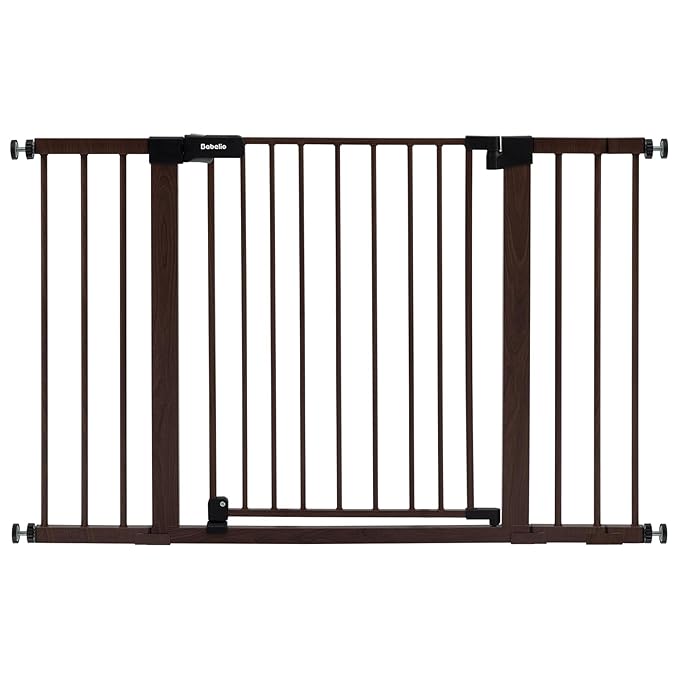 BABELIO Baby Gate with Black Wood Pattern, 29-48 Inch Auto Close Dog Gate PressGuard P7 for The House, Stairs and Doorways, Pressure Mounted Pet Gate with Door and Y Spindle Rods