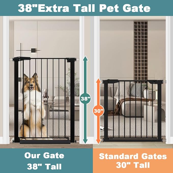 Fairy Baby 38" Extra Tall Dog Gate for Stairs and Doorways, 65.4"-70.8" Extra Wide Pet Gate Indoor, Large Safety Child Gate No Drill, Metal Auto Close Baby Puppy Gate for House Walk Through, Black
