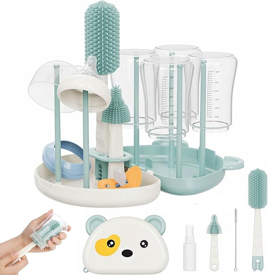 Baby Bottle Brush Set - 7 in1 Travel Bottle Cleaner Kit with Silicone Brush, Nipple Brush, Straw Brush, Bottle Drying Rack, Soap Dispenser, Storage Box, Baby Travel Essential Gift for Parents (Green)