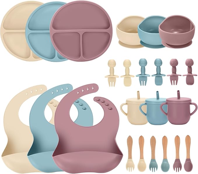 24 PCS Silicone Baby Feeding Set, Baby Led Weaning Supplies Includes Suction Bowls and Divided Plates, Adjustable Silicone Bib, Spoons&forks, Training cup with straw(Pink+Blue+Beige)