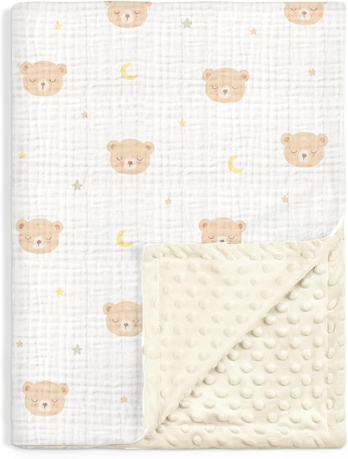 Bear Baby Blankets for Boys Girls, Soft Nursery Minky Blankets with Muslin and Dotted Fleece Back 30x40 inches, Receiving Bed Quilt for Newborn, Infants, Toddlers