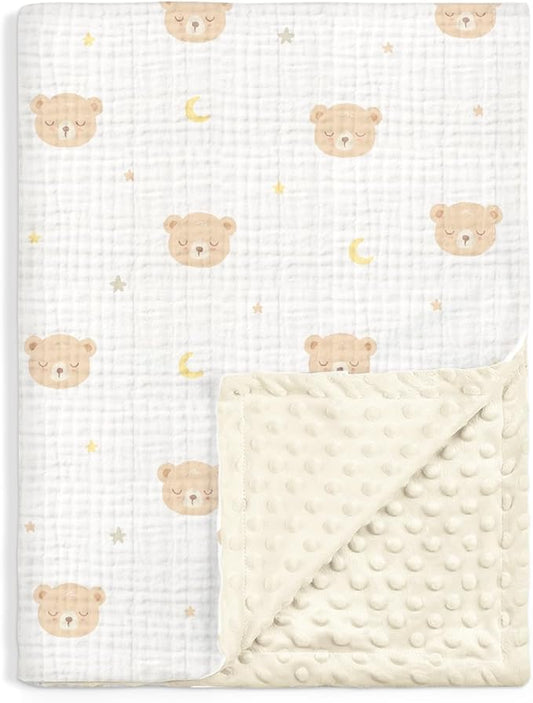 Bear Baby Blankets for Boys Girls, Soft Nursery Minky Blankets with Muslin and Dotted Fleece Back 30x40 inches, Receiving Bed Quilt for Newborn, Infants, Toddlers