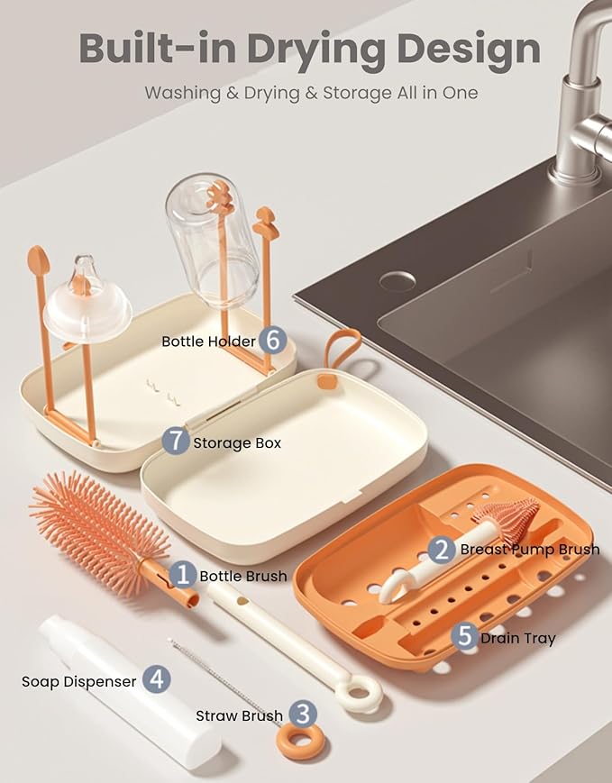7 in 1 Baby Bottle Brush Set with Silicone Brush, Nipple Brush, Straw Brush, Soap Dispenser, Bottle Drying Rack, Storage Box - Baby Essentials for Home and Travel, Idea Gifts