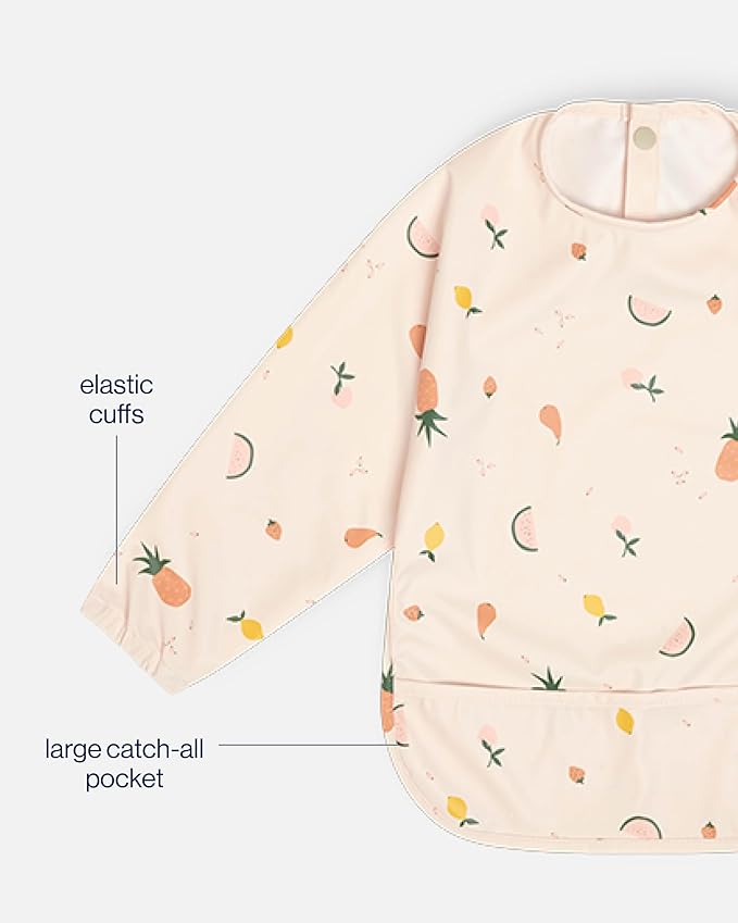 Lalo Smock Bib - Long Sleeve Bib for Infants and Toddlers - Elastic Cuffs, Large Catch-All Pocket, Waterproof Recycled Polyester - Easy to Clean for Mealtime - Fruit Print Grapefruit Infant