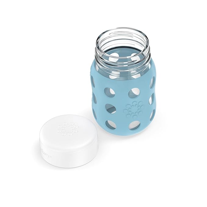 Lifefactory 8-Ounce Wide Neck Glass Baby Bottle with Protective Silicone Sleeve and Flat Cap, Denim (LG2231WDE4)