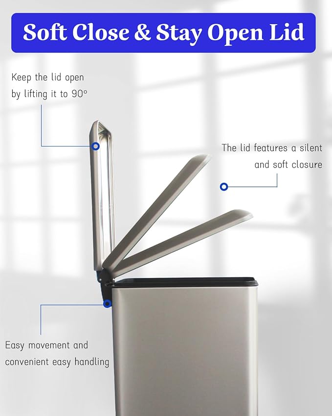 Trash Can, 2.6 Gallon Bathroom Trash Can with Lid, Stainless Steel Garbage Can with Removable Liner, 10 Liter Rectangle Step Trash Bin for Office, Bedroom, Living Room, Dorm, Kohler Grey