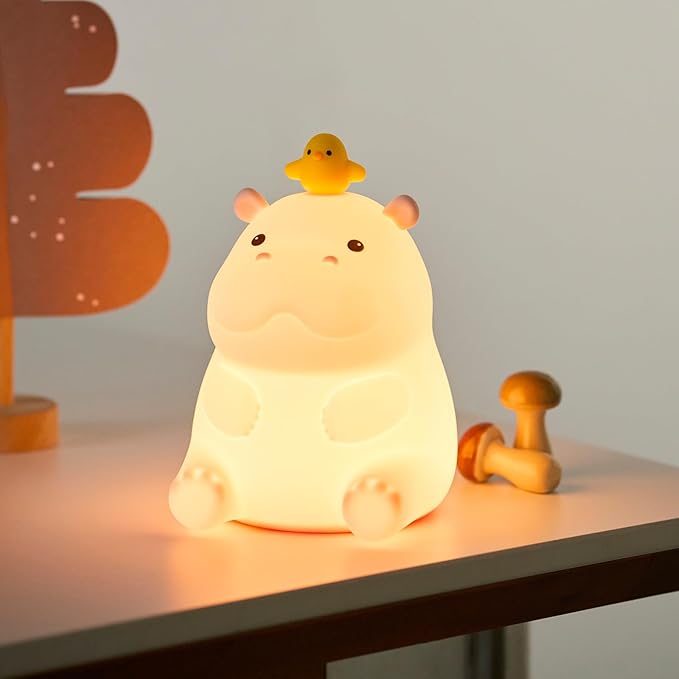 Cute Hippo Night Light, Animal Lamp, Food Grade Silicone, Rechargeable, 2 Level Dimmable, Squishy Nursery Nightlight for Desk Decor, Funny Gifts Stuff for Boys Girls Baby, White Elephant Gifts