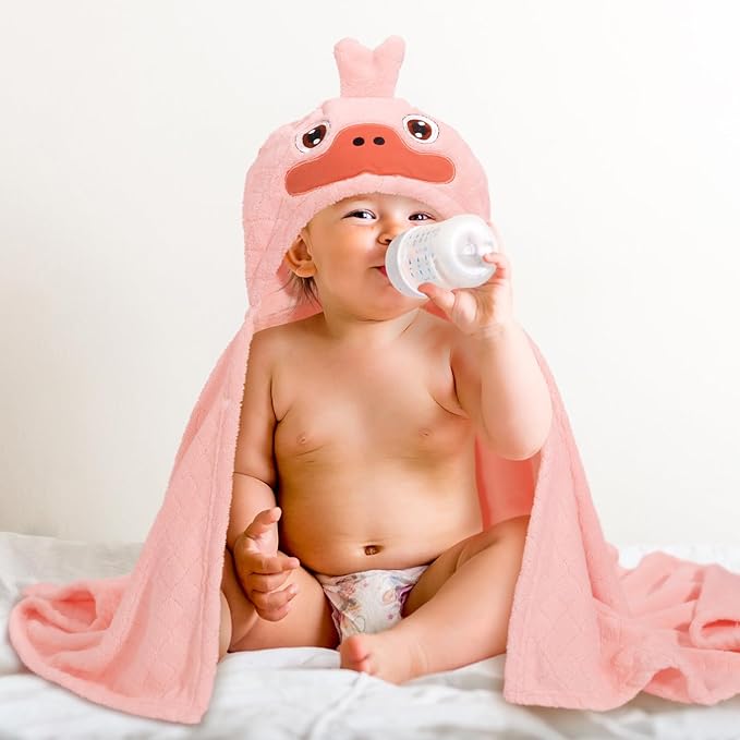 Baby Bath Towels with Hood,2 Pack Animal Hooded Toddler Bath Towel Baby Bath Towels Hooded Kids Towel for Boy Girl Baby Towels with Hood (32 x 50 Inch, L x W),Yellow Chick & Pink Duck