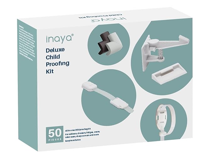 Inaya Complete 50pc Deluxe Baby Proofing Kit - Flexible Hidden Baby Locks for Cabinets and Drawers, Adjustable Child Safety Latches, Corner Guards & Furniture Anchors