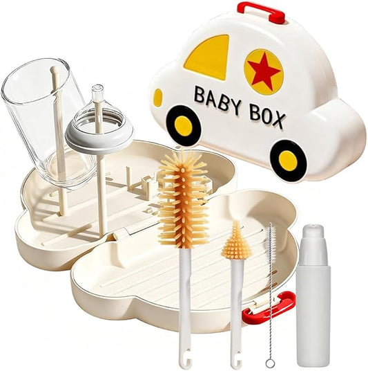 7-in-1 Baby Bottle Brush Set with Silicone Nipple & Straw Brushes, Soap Dispenser, Foldable Drying Rack, Portable Case – for Home & Travel