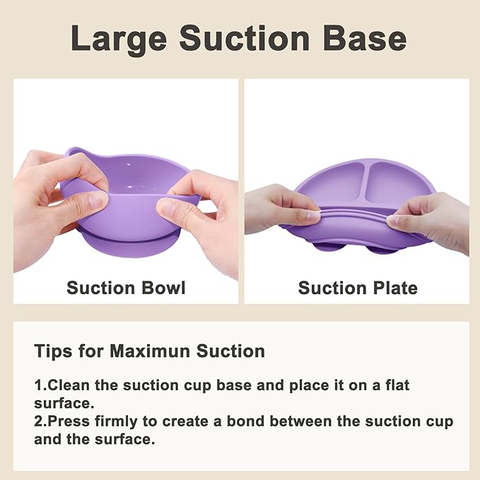 Silicone Baby Feeding Set | Baby Led Weaning Supplies Includes Suction Bowls and Divided Plates, Adjustable Bib, Baby Utensils Spoons and Forks,Cup | Baby Feeding Essentials (Purple)