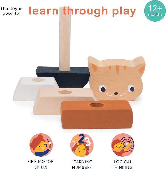 Mentari Toys - Stacking Kitten - 5pcs Wooden Animal Stacker Toddler Toy - Natural Wood Stacking Blocks - Boost Fine Motor Skills - Toddler Educational Toy - Age 12m+
