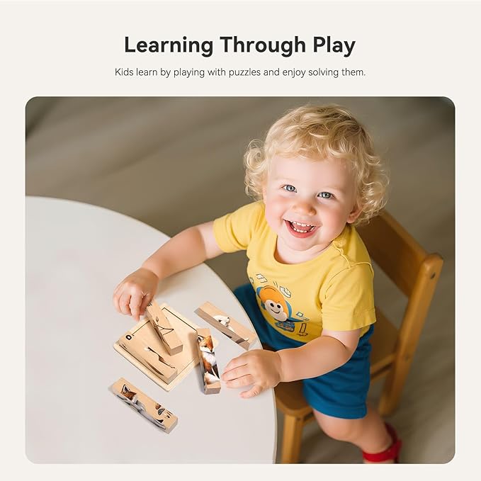 4 in 1 Wooden Animal Chunky Puzzle, 5 Solid Wood Puzzle Blocks with 4 Sides Realistic Forest Animals, Wooden Block Puzzle with Durable Base for Toddlers 3+ Years - Montessori Inspired