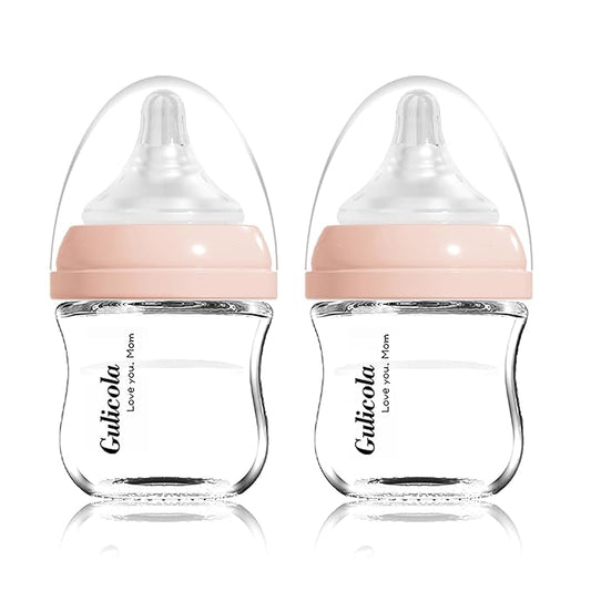 Gulicola Small Glass Baby Bottle for Newborn Breastfeeding Babies, Preemie & Extra Slow Flow Nipples (SS), Anti-Colic, Breast-Like, 0 Months+, 3 oz, 2 Pack - Pink