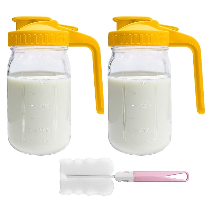 2 PACK Breast Milk Pitcher 32OZ Glass Breastmilk Pitcher with Lids Leak-proof Wide-mouth Storage Jars for Breastmilk, Resistant to Heat or Cold, Freezer-safe (Yellow)