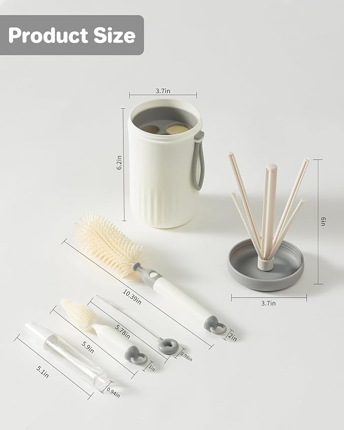 Travel Bottle Cleaner Kit, 6-in-1 Baby Bottle Brush with Silicone Bottle Brush, Nipple Brush, Straw Brush, Drying Rack, Dispenser, Organizer, Baby Travel Essential, Gifts for New Mom - Grey