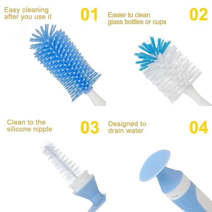 Chemimoso Multifunctional Cleaning Brush, Baby Bottle Brush, Bottle Brush Cleaner, Rotate The Suction Cup to Obtain The Small Bristle Brushes, Set Z, Yellow, Silicone and Nylon Brush