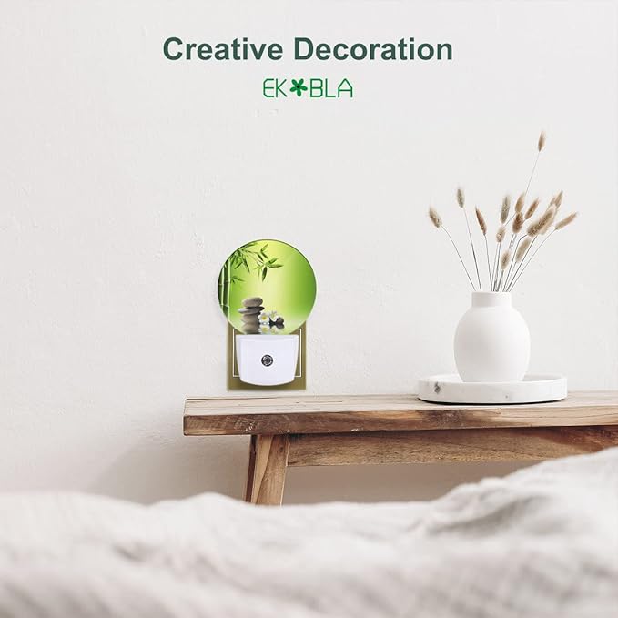 EKOBLA Meditation Night Light Bamboo Zen Stones Oriental Spa Peaceful Night Lights Plug into Wall Auto on/Off LED Round Lamp for Men Women Home Living Room Bathroom