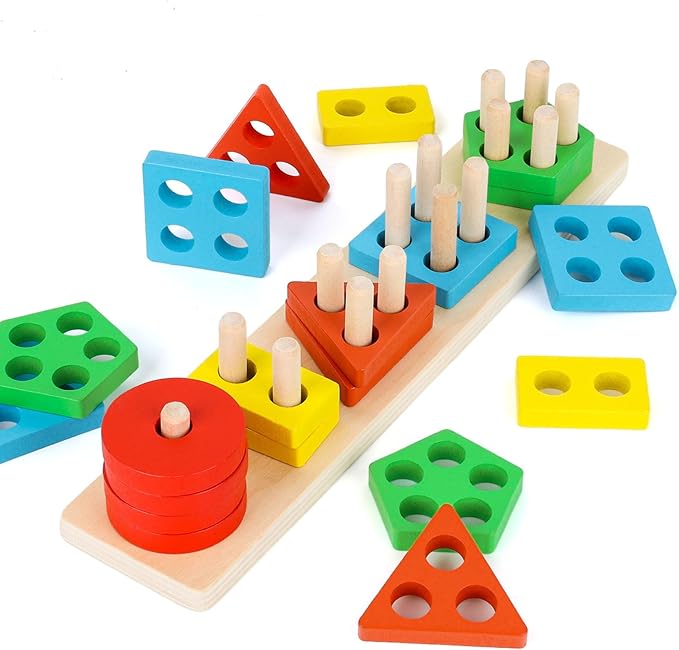 LovesTown Stacking and Sorting Learning Puzzles, Montessori Wooden Sensory Toys for Toddlers, 20 PCS