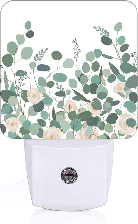 Eucalyptus Branches and Roses Night Light,Plug-in Nightlights Auto Sensor Night Lamp Dusk to Dawn Lamp Home Decor for Nursery Children Girls Boys