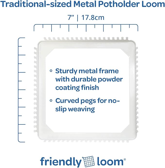 Friendly Loom 7” Traditional Potholder Weaving Kit | Sturdy Metal Loom and Quality Cotton Weaving Loops in Rainbow Colors | Complete Kit to Weave 2 Functional Potholders | Made in the USA