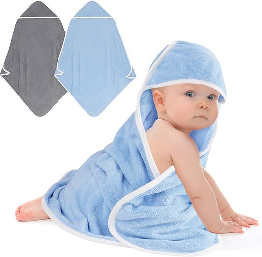 Hooded Towel for Newborn, 2 Pack Soft Coral Fleece Baby Towels, Ultra Absorbent Bath Cloths Bulk for Infants, Toddlers, Newborn Essential- 30 x 30 inch - Grey & Blue