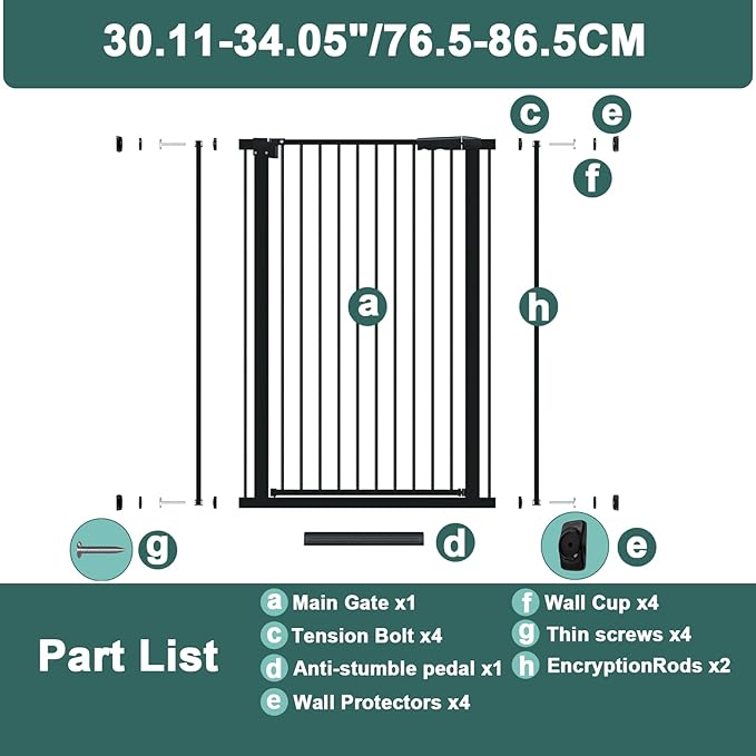 40.55" Tall 1.37" Ultra Narrow Spacing Dogs Pets Baby Gate for Doorway Safety Proof Indoor 30.11-34.05" Extra Wide Puppy Pressure Mounted No Drill Walk Through Black Metal Hallway