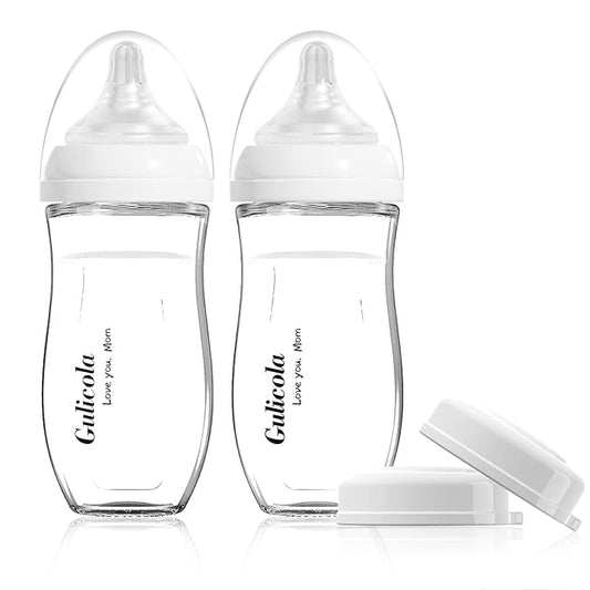 Gulicola Natural Glass Baby Bottle for Breastfed Babies, Anti-Colic Baby Bottle Set with Medium Flow Nipple, 3 Months +, 8 oz, 2 Pack - White