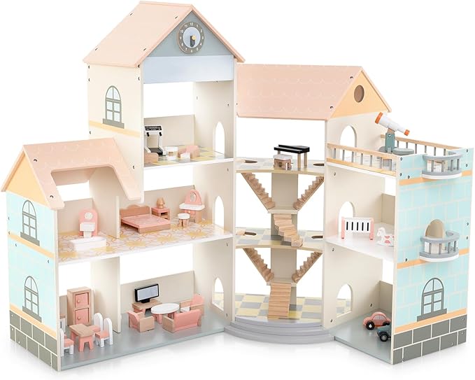 Costzon Wooden Dollhouse for Kids, 3-Story Luxury Doll House with 41 Pieces Furniture Accessories, 8 Rooms, Stairs & Balcony, DIY Pretend Dollhouse Playset, Gift for Girls Toddlers Ages 3+ (Pink)