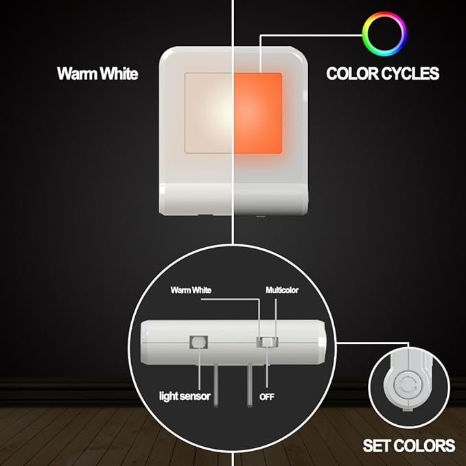 MAZ-TEK Plug in LED Night Light with Smart Dusk to Dawn Sensor, Multi-Color Changeable Nightlights, Energy Efficient Night Lamp for Bedroom, Baby Room, Kitchen, Hallway, Stairway, 2 Pack