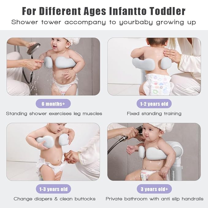 Baby Shower Stand 2025 Upgraded, Baby Bath Support, Shower Standing Support with Adjustable Height and Armrest, Bath Stand with Anti-Skip and Shower Head Holder, Ideal Gift for Infants 6-36 Months