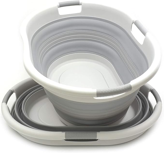 SAMMART 57L (15 Gallons) Collapsible 3-Handled Plastic Laundry Basket - Oval Tub - Portable Washing Tub-Space Saving Laundry Hamper, Water Capacity 44L / 11.6 Gallon (2, Grey/Grey)