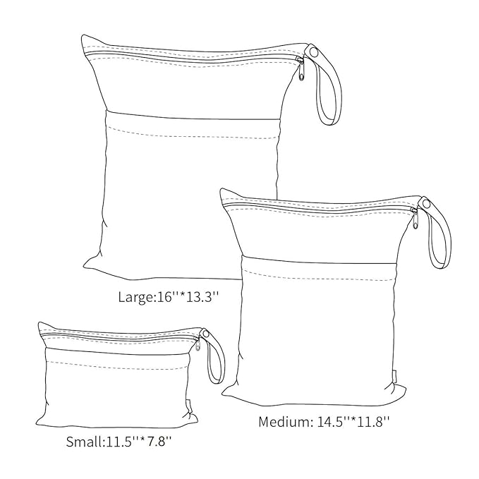 ALVABABY 3 Cloth Diaper Wet Dry Bags Waterproof Reusable with Two Zippered Pockets Travel Beach Pool Daycare Soiled Baby Items Yoga Gym Bag for Swimsuits or Wet Clothes Small Medium Large 3L-SML10