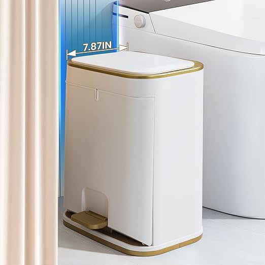 Bathroom Trash Can with Lid, 3 Gallon Gold Garbage Can, Small Trash Bin with Press top Lid and Pedal, Narrow White TrashCan Waste Basket for Bedroom, Living Room,Office,Plastic Dog Proof Trash Can