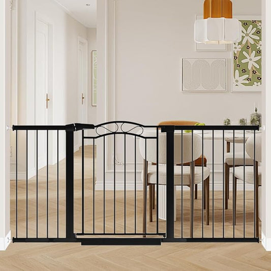 Black Baby Gate with Door-Walk Through Baby Gates for Stairs Pressure Mounted no Drill-Indoor Tension Metal Child Pet Dog Safety Gate 65.35"-68.11" Wide