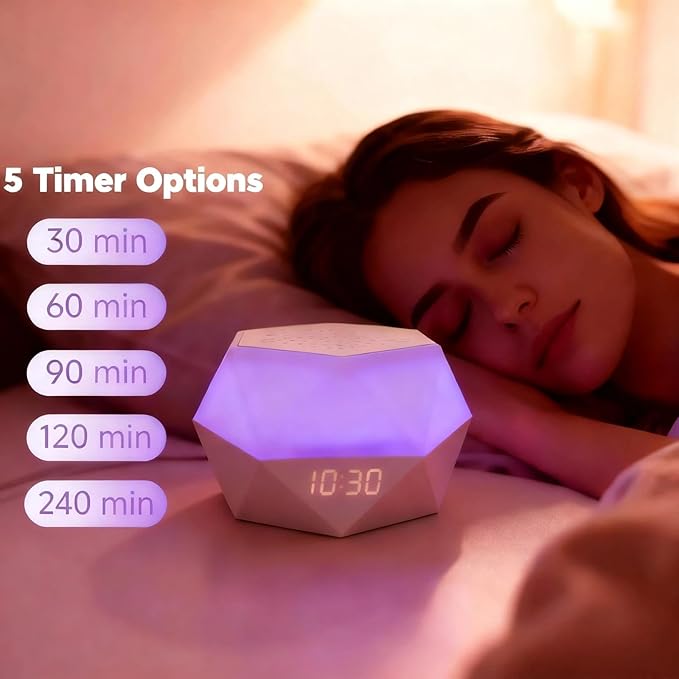 Sound Machine with Light, Portable Sleep White Noise Machine with 8 Colors Night Light, Mini Polygonal Geometric Design APP Control Alarm Clock with 32 Natural Soothing Sounds for Baby Kids Adults